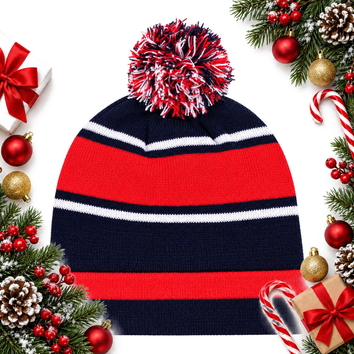 kids striped pom pom bobble hat in navy red and white ages 5 12 — Christmas stocking filler gift