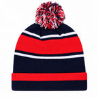 Kids Striped Pom-Pom Bobble Hat in Navy, Red and White, Ages 5-12