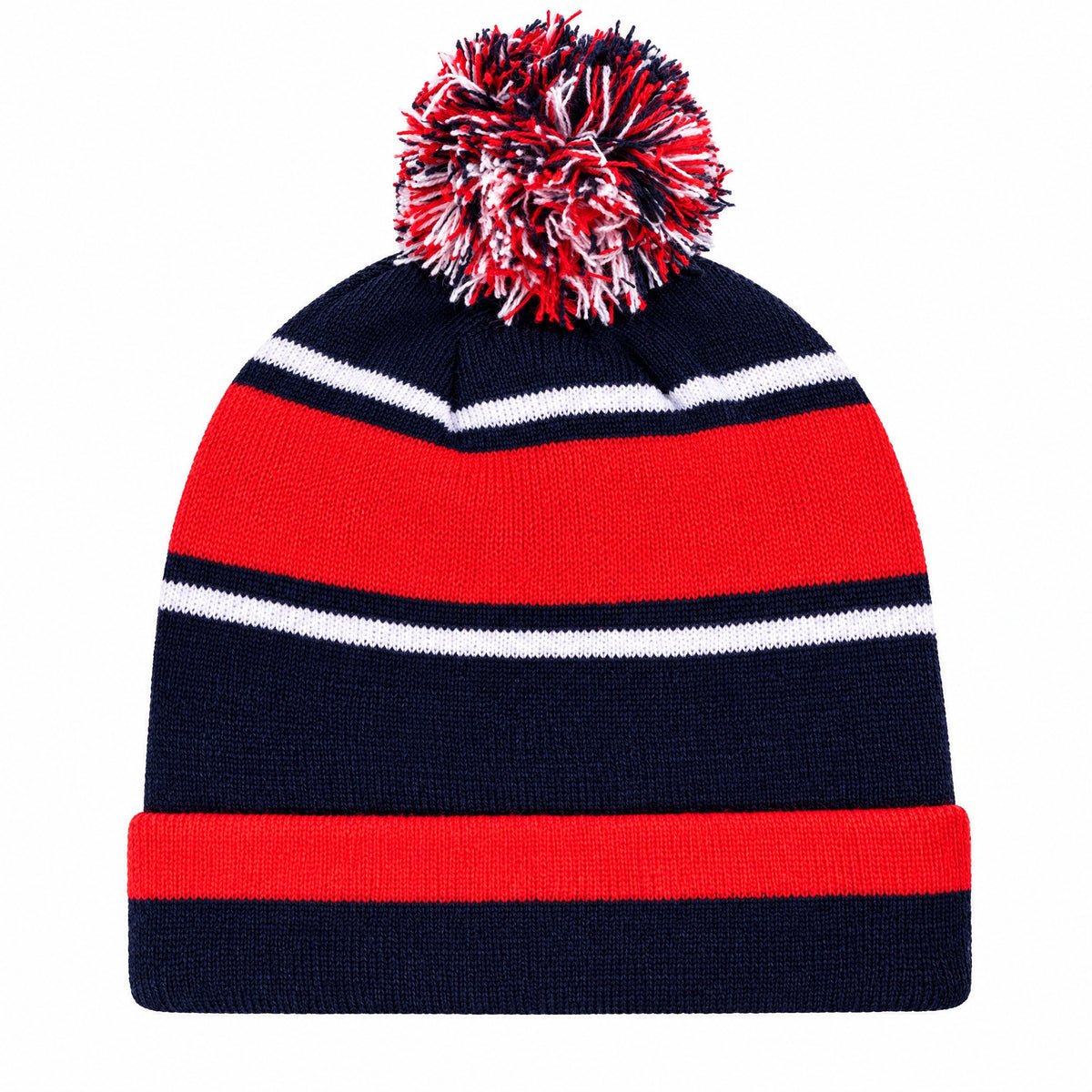 Kids Striped Pom-Pom Bobble Hat in Navy, Red and White, Ages 5-12