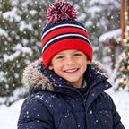 Kids Striped Pom-Pom Bobble Hat in Navy, Red and White, Ages 5-12