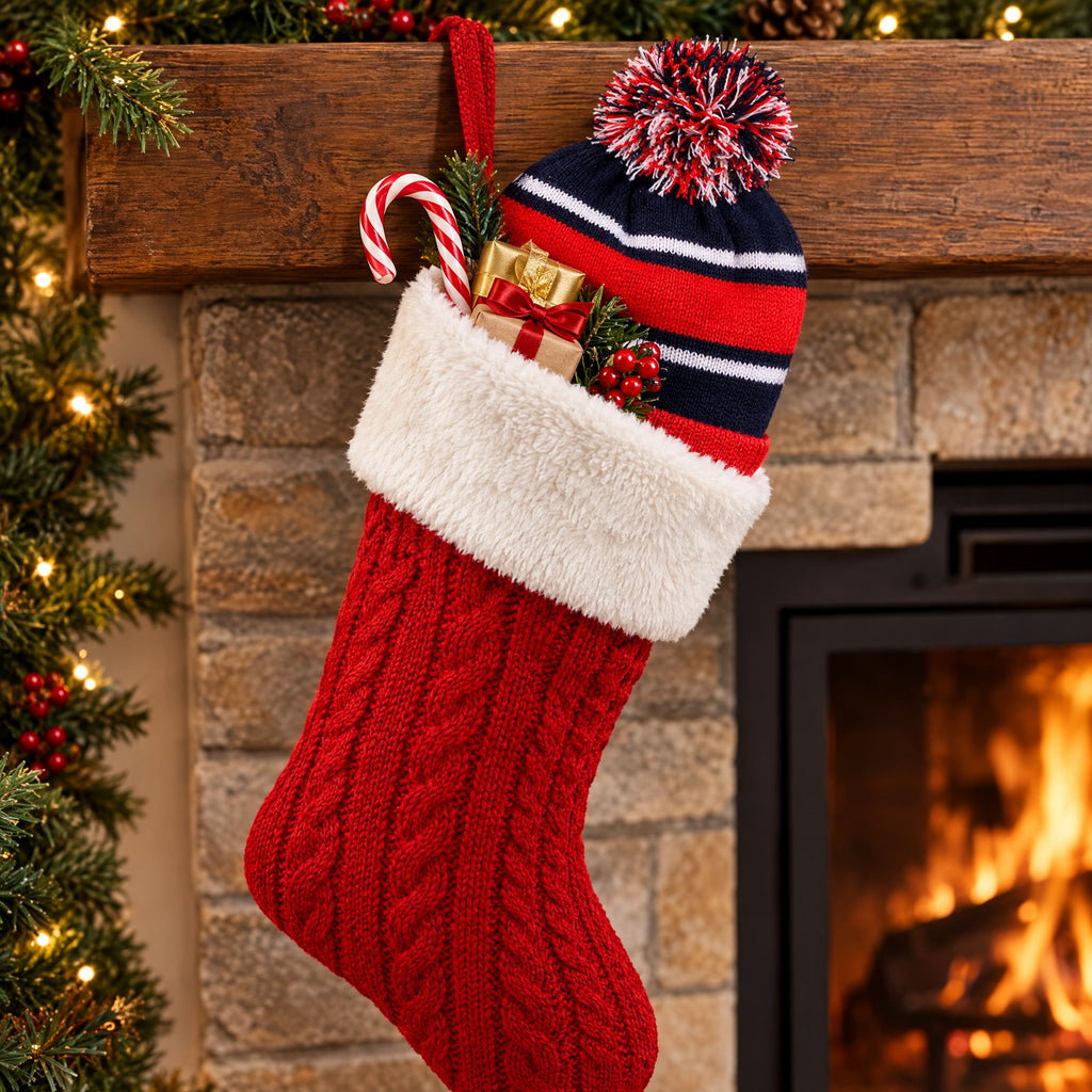Kids Striped Pom-Pom Bobble Hat in Navy, Red and White, Ages 5-12