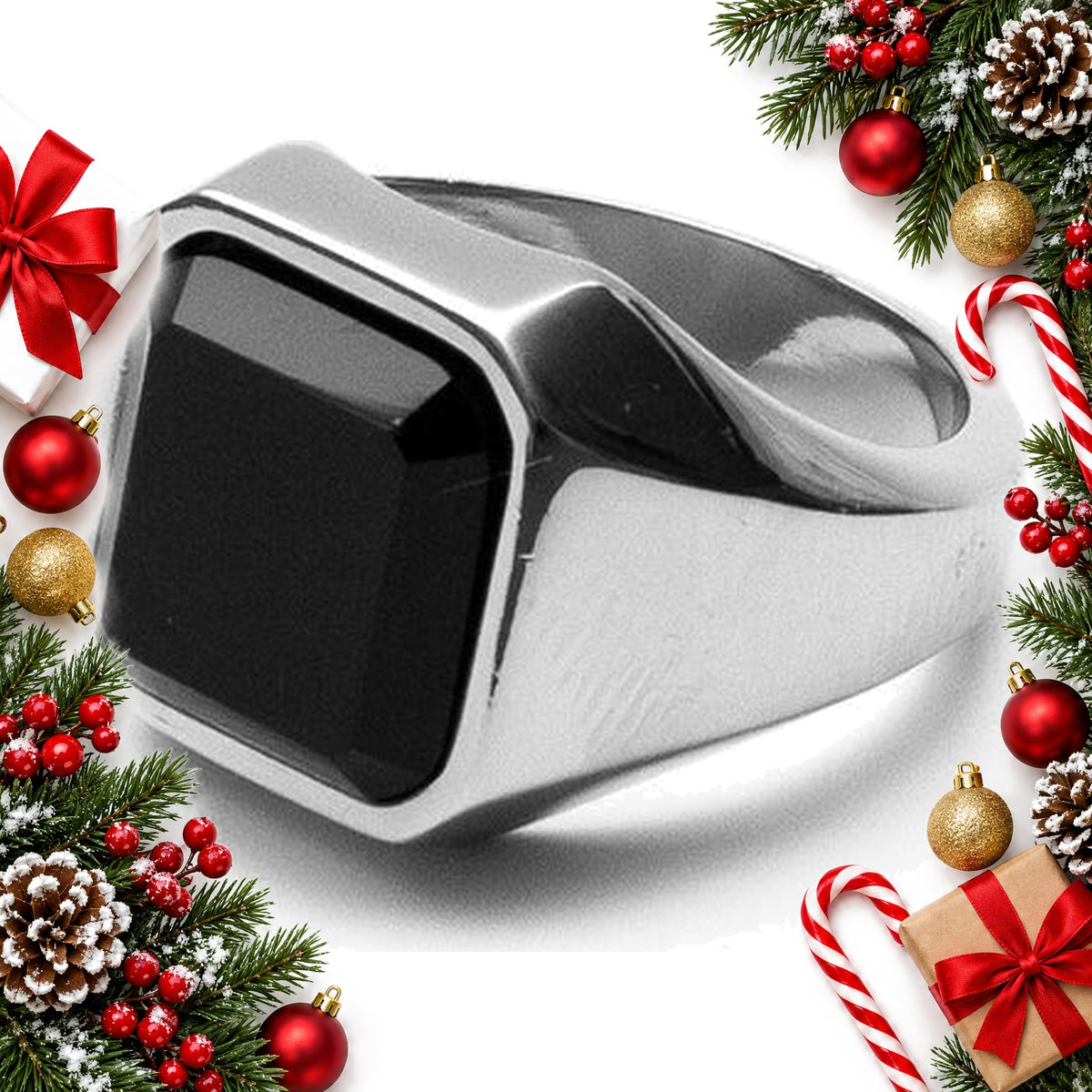 mens black stone signet ring stainless steel silver or gold tone — Christmas stocking filler gift