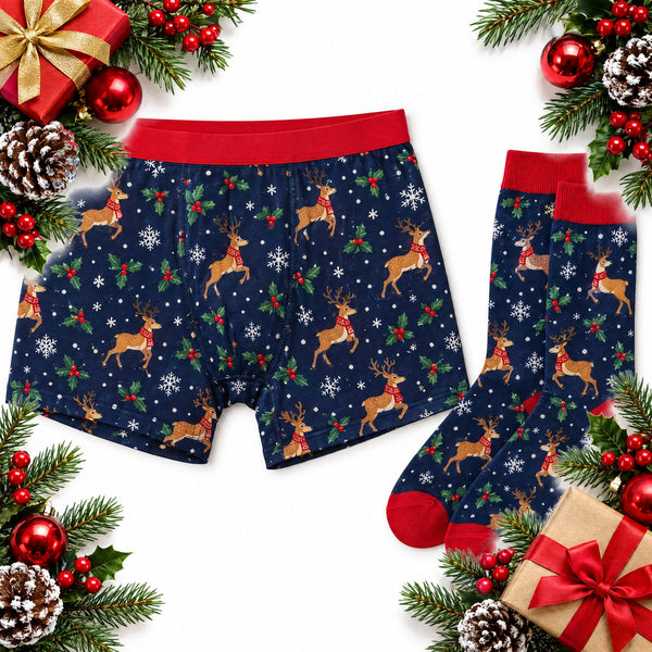 Men's Christmas Print Boxer Shorts and Matching Socks Gift Set
