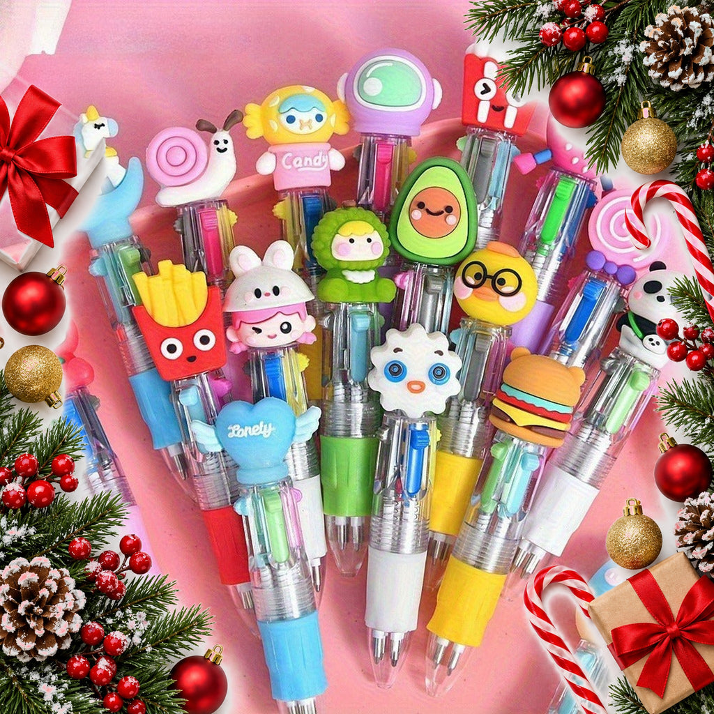 mini 4 colour pens pack of 30 cute character toppers — Christmas stocking filler gift