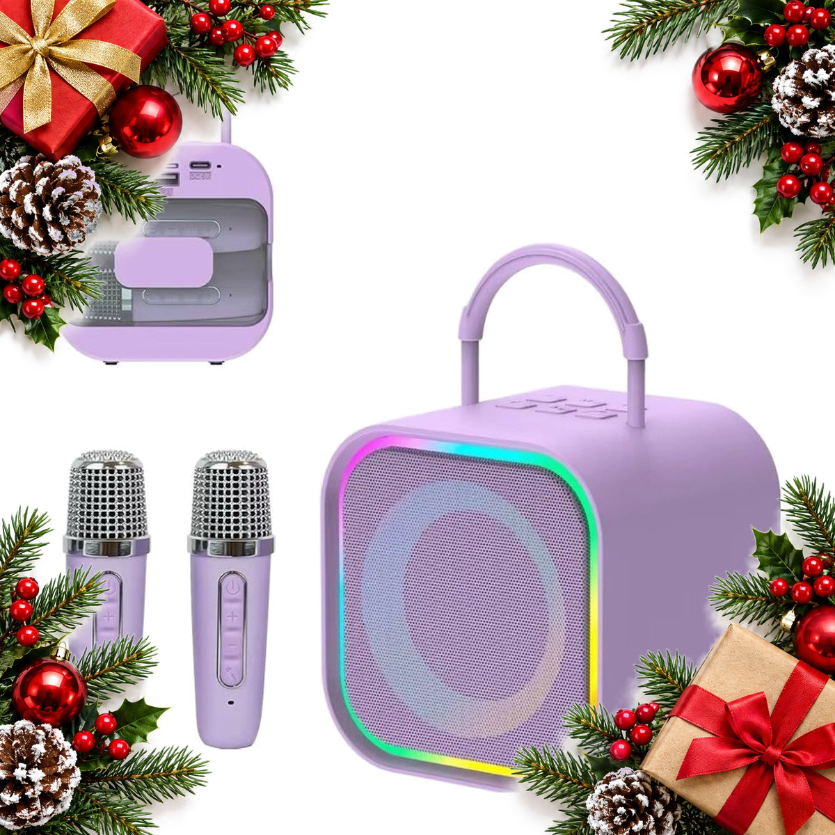 mini bluetooth karaoke speaker with 2 wireless microphones and light ring — Christmas stocking filler gift