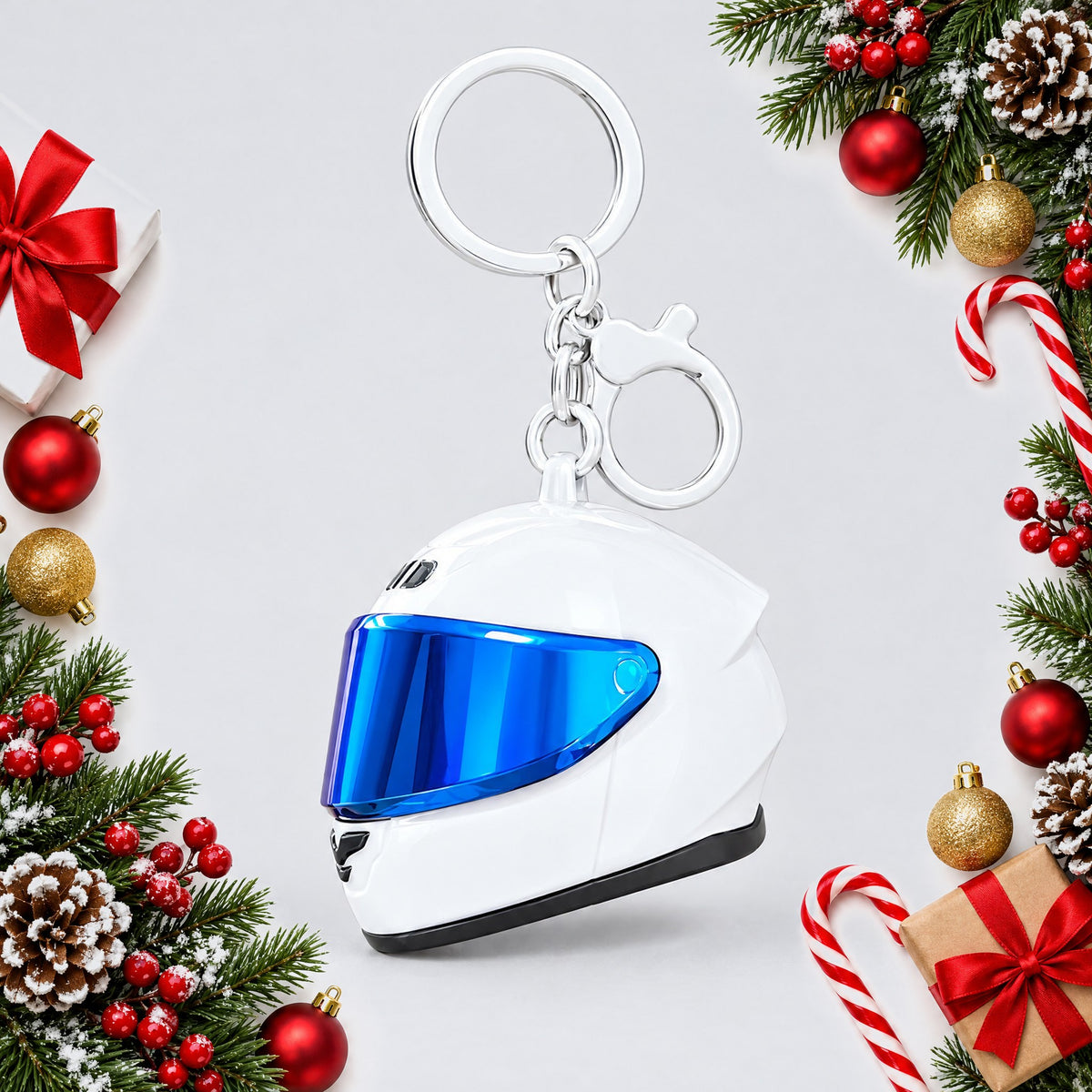 mini motorcycle helmet keyring with mirrored visor — Christmas stocking filler gift