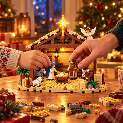 Nativity Scene Building Block Set with Light-Up Star and Stable