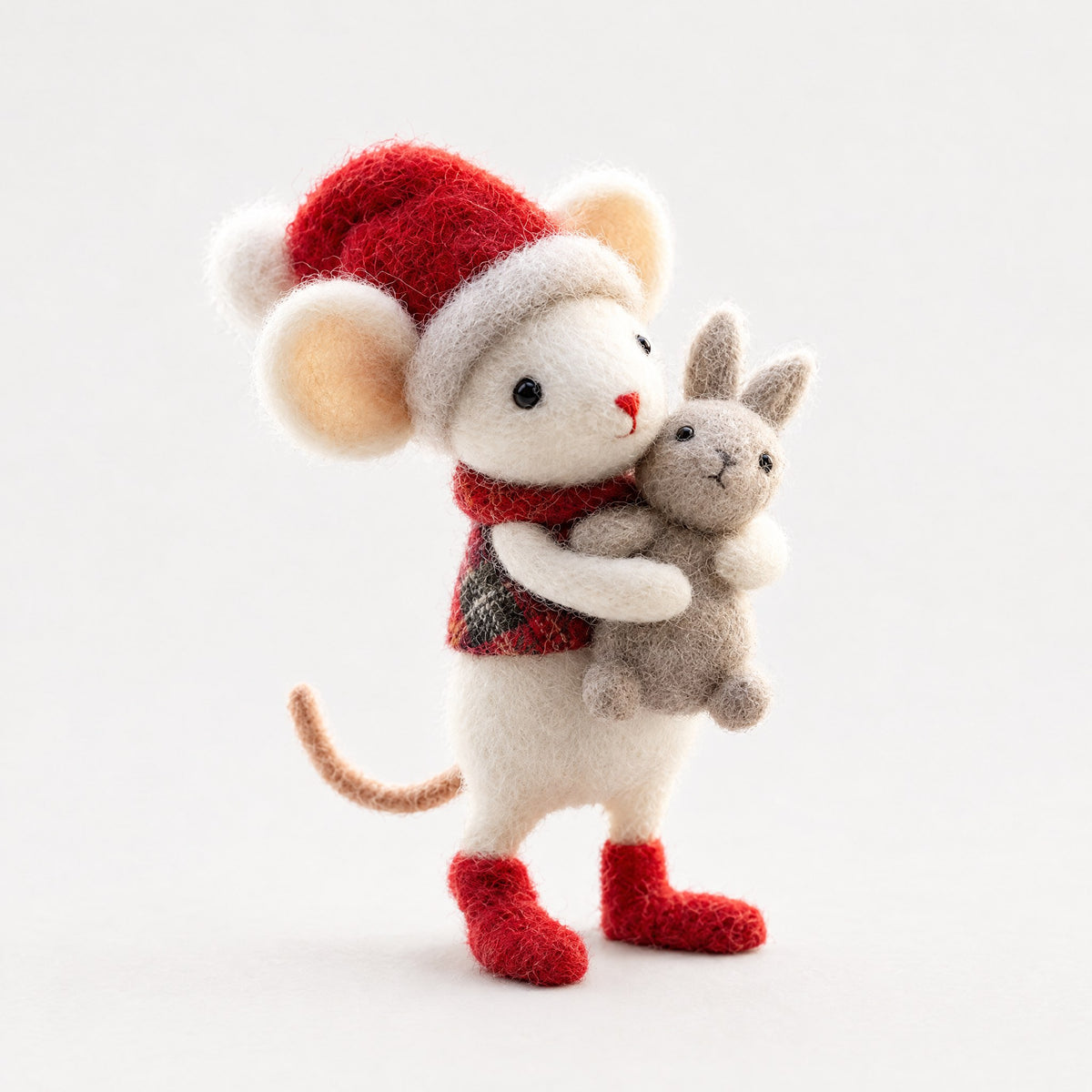Needle-Felted Wool Christmas Mouse with Bunny – Handmade Festive Figure