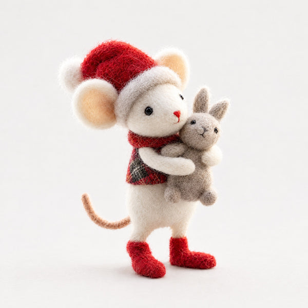 Needle-Felted Wool Christmas Mouse with Bunny – Handmade Festive Figure