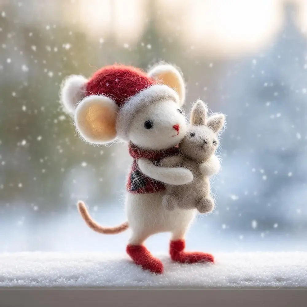 Needle-Felted Wool Christmas Mouse with Bunny – Handmade Festive Figure