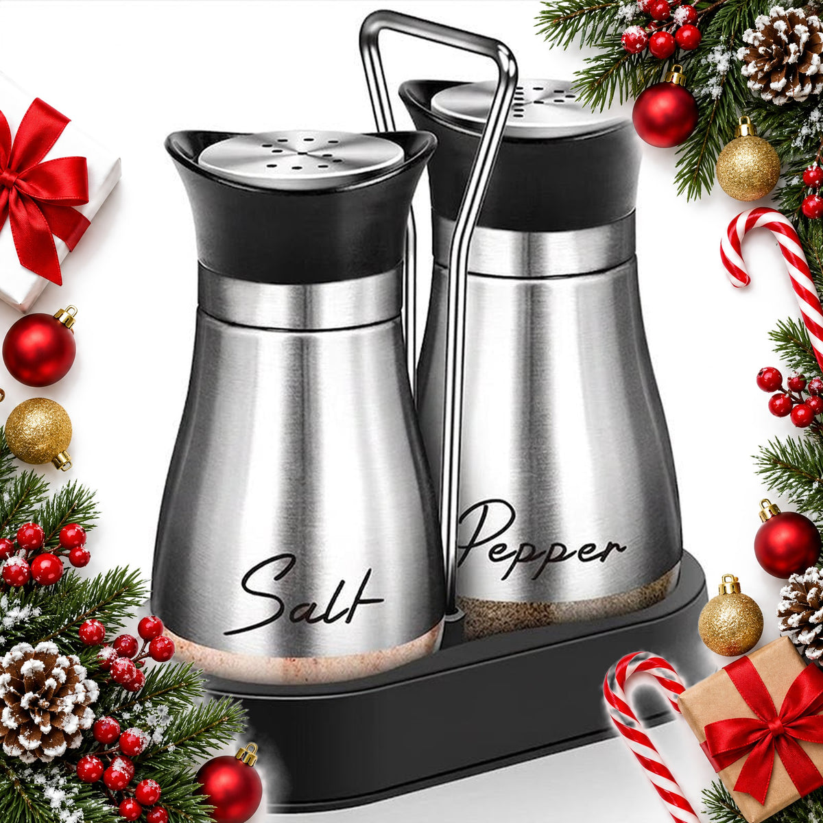 penguin shaped salt and pepper shaker set with caddy stand — Christmas stocking filler gift