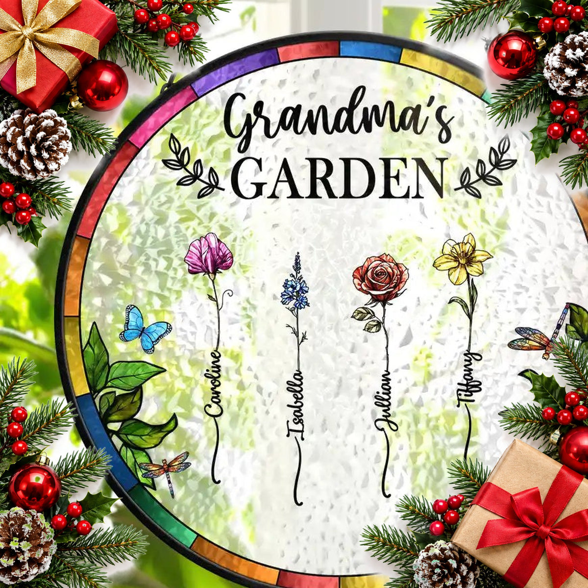 personalised birth flower glass suncatcher family garden window gift — Christmas stocking filler gift