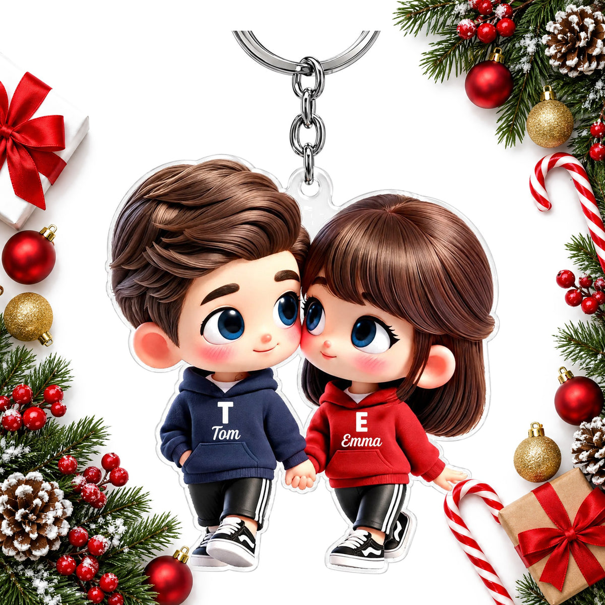 personalised cartoon couple keyring with names acrylic gift — Christmas stocking filler gift