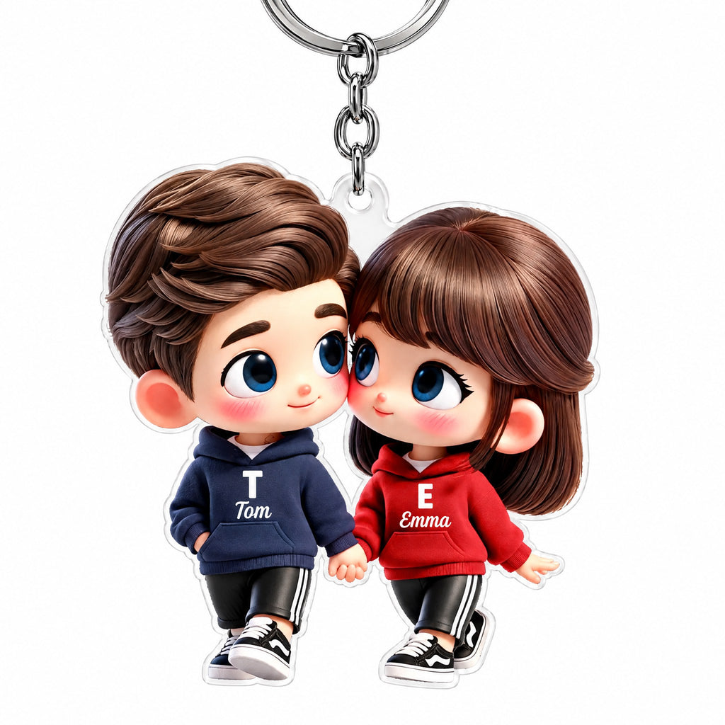 Personalised Cartoon Couple Keyring with Names, Acrylic Gift