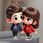 Personalised Cartoon Couple Keyring with Names, Acrylic Gift