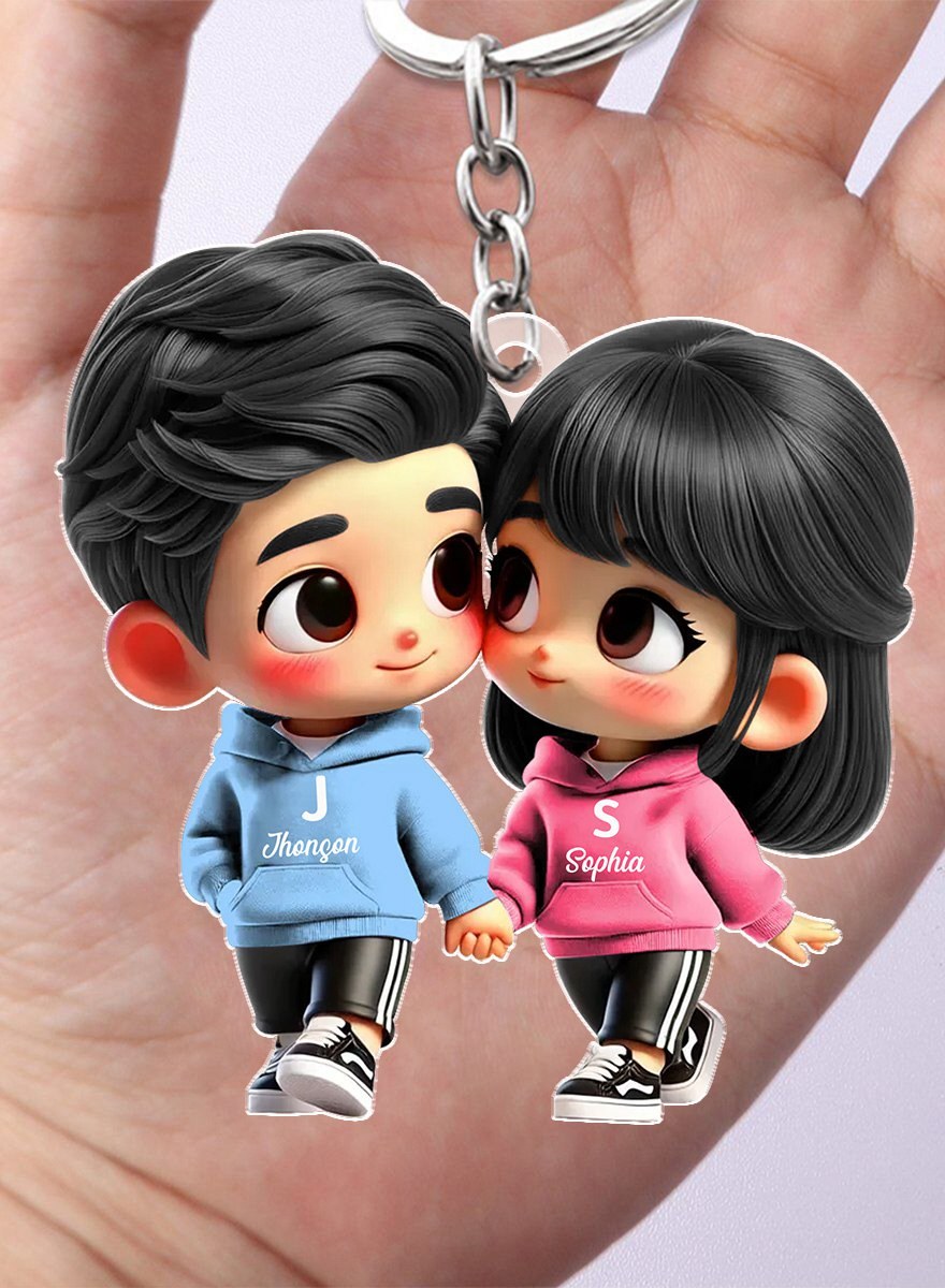Personalised Cartoon Couple Keyring with Names, Acrylic Gift