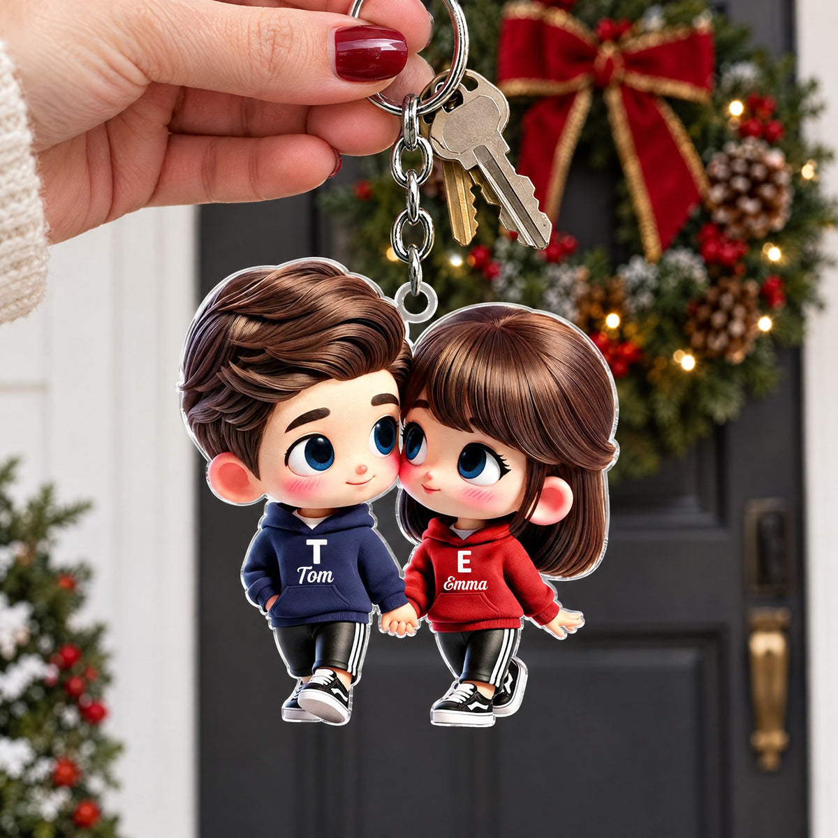 Personalised Cartoon Couple Keyring with Names, Acrylic Gift