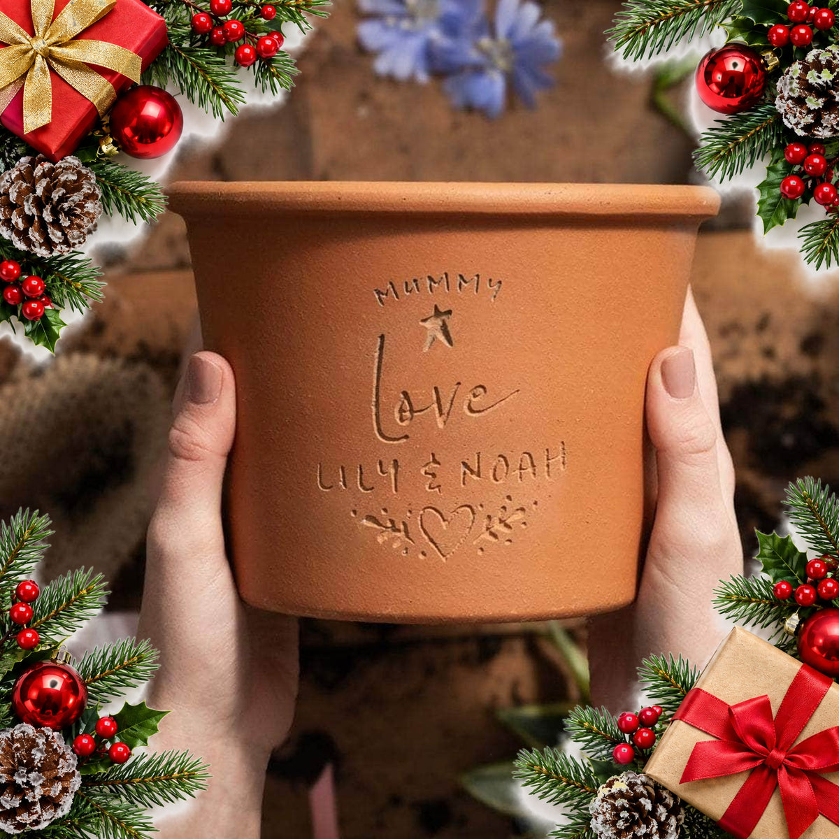 personalised engraved terracotta plant pot with handwritten name — Christmas stocking filler gift