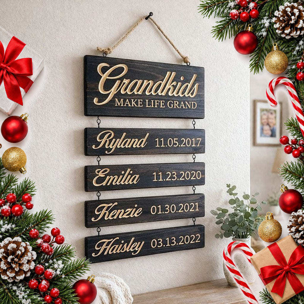 personalised grandkids hanging wooden sign with names and dates — Christmas stocking filler gift