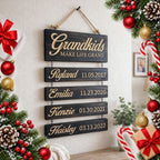 personalised grandkids hanging wooden sign with names and dates — Christmas stocking filler gift