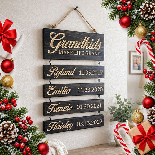 personalised grandkids hanging wooden sign with names and dates — Christmas stocking filler gift