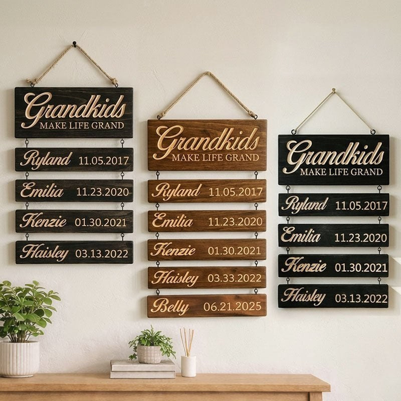 Personalised Grandkids Hanging Wooden Sign with Names and Dates