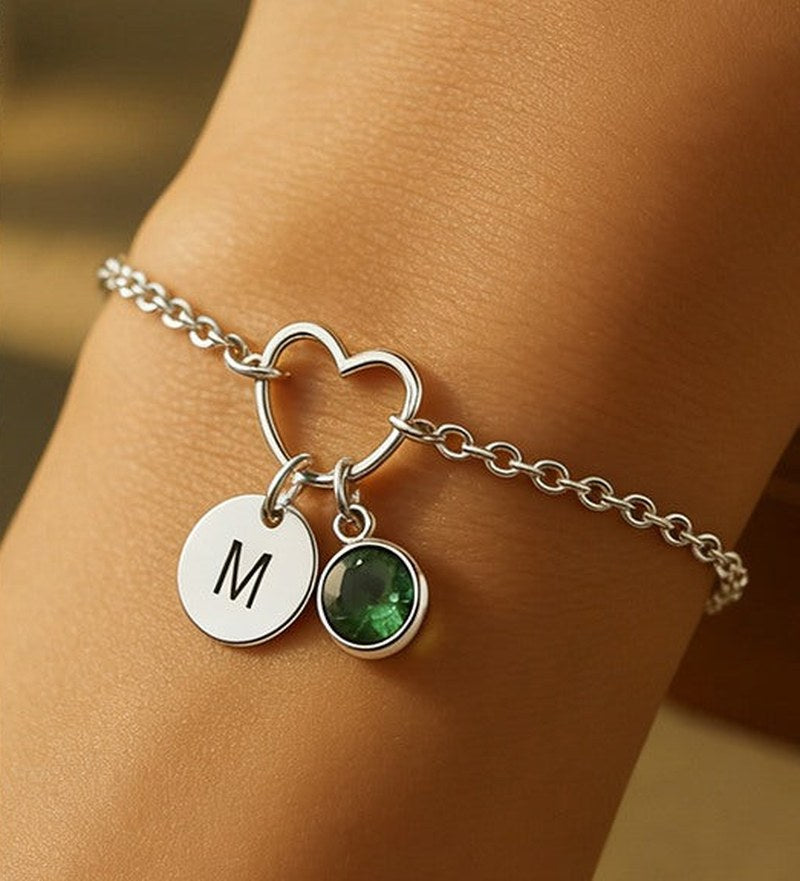 Personalised Heart Initial Birthstone Bracelet – Gift Boxed