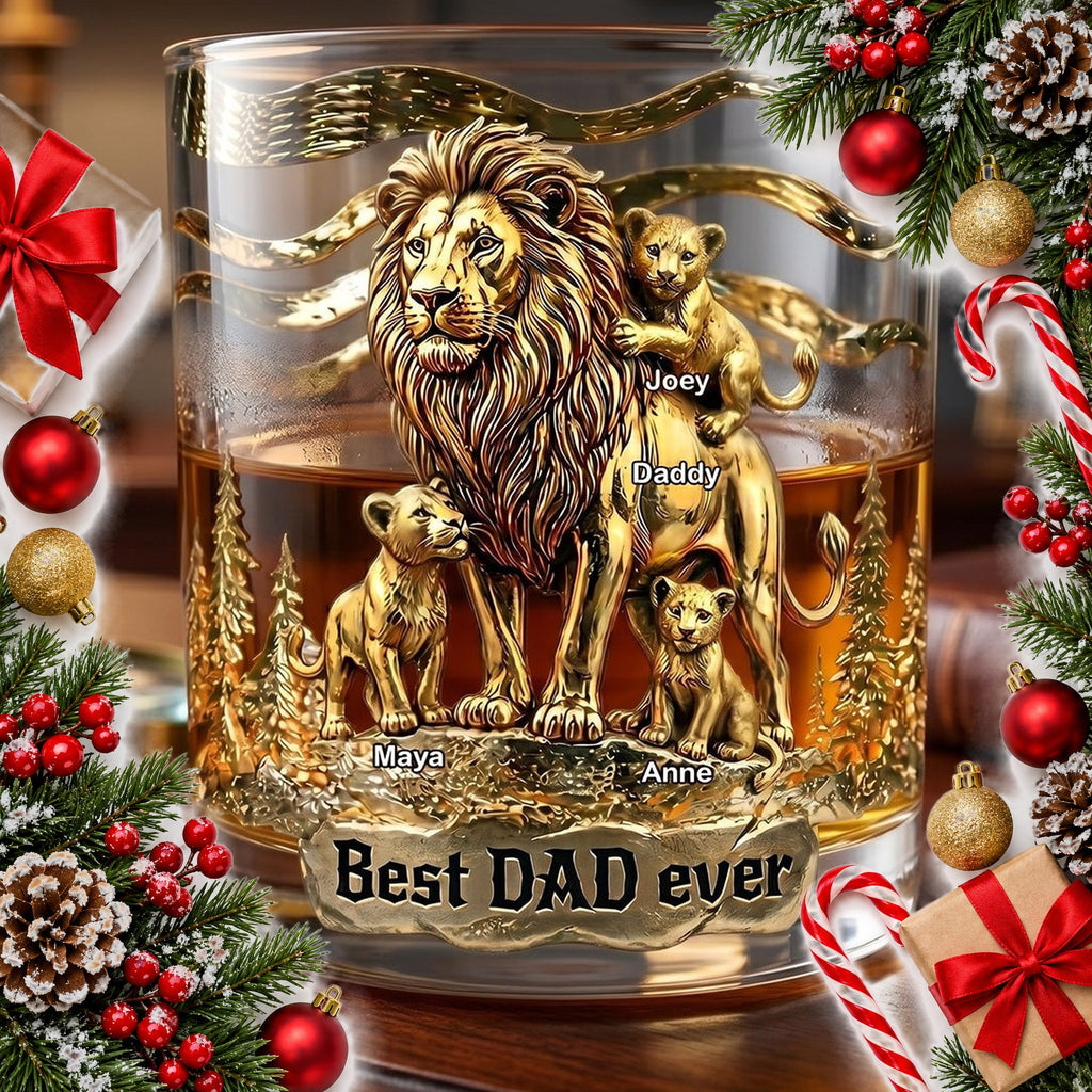 personalised lion dad and cubs whisky glass with names — Christmas stocking filler gift