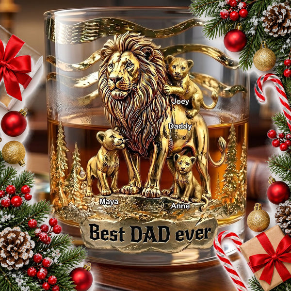 Personalised Lion Dad and Cubs Whisky Glass with Names