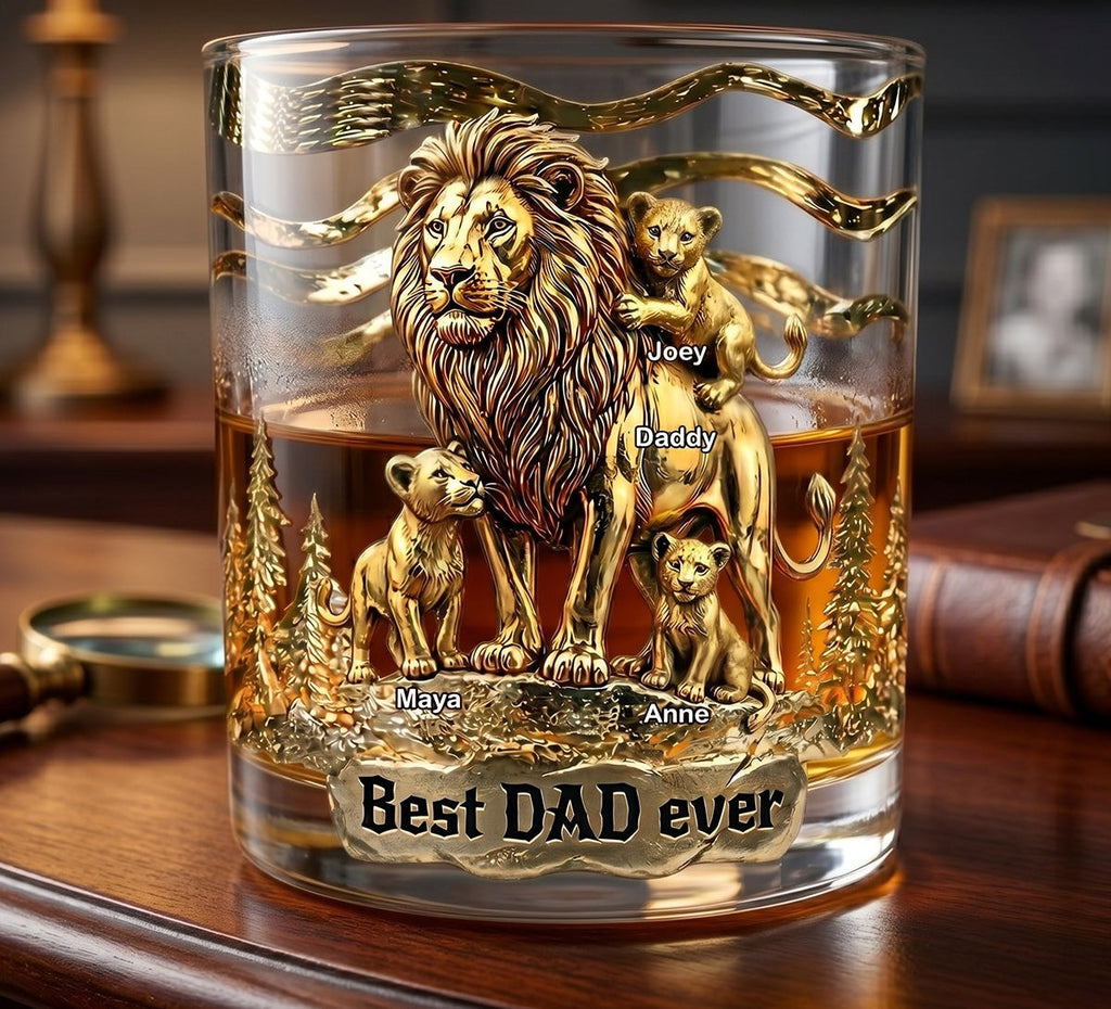 Personalised Lion Dad and Cubs Whisky Glass with Names