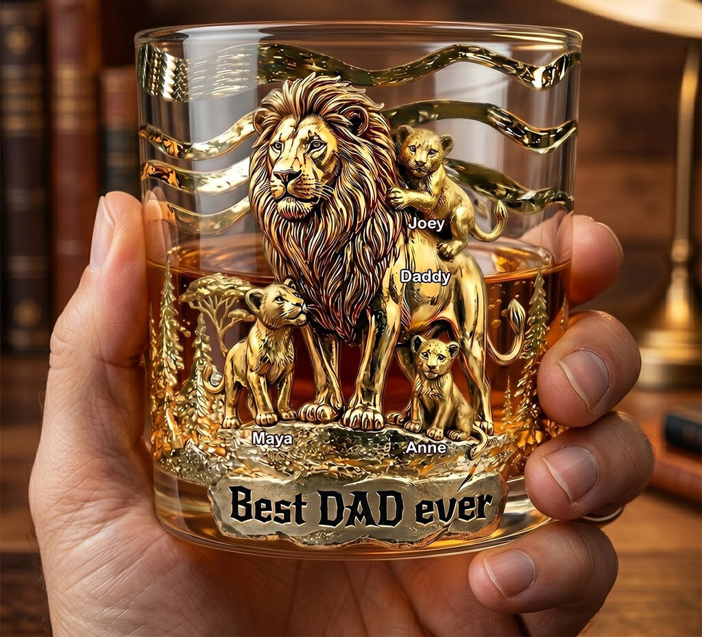 Personalised Lion Dad and Cubs Whisky Glass with Names