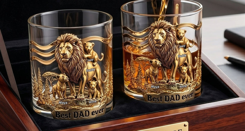 Personalised Lion Dad and Cubs Whisky Glass with Names
