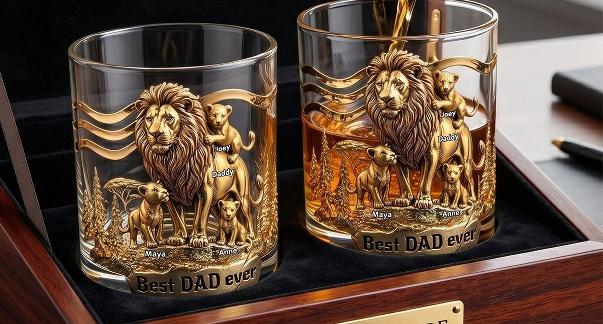 Personalised Lion Dad and Cubs Whisky Glass with Names