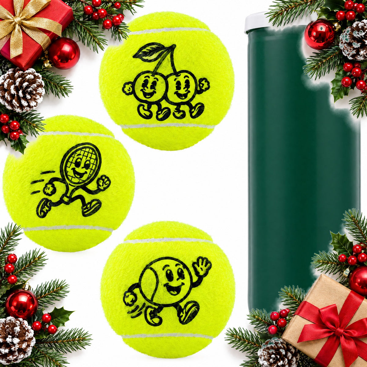 retro cartoon tennis balls tube of 3 for tennis and padel — Christmas stocking filler gift