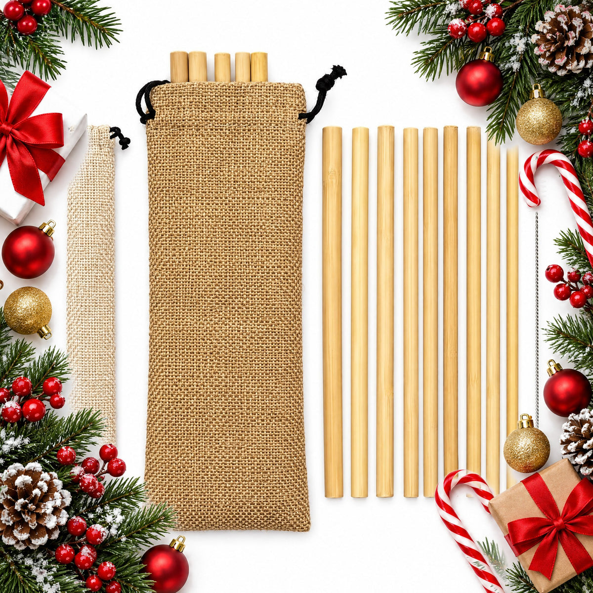 reusable bamboo straws set of 12 with cleaning brush and pouch — Christmas stocking filler gift