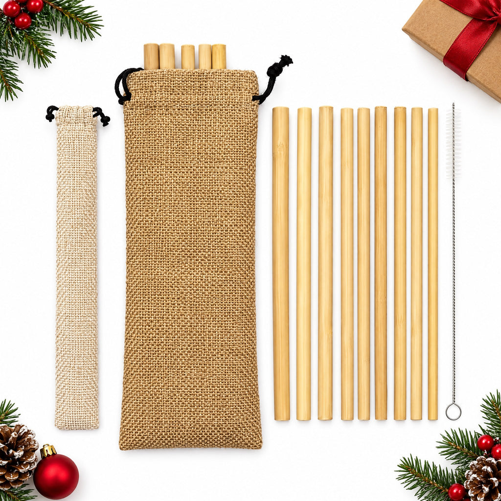 Reusable Bamboo Straws Set of 12 with Cleaning Brush and Pouch