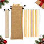 Reusable Bamboo Straws Set of 12 with Cleaning Brush and Pouch