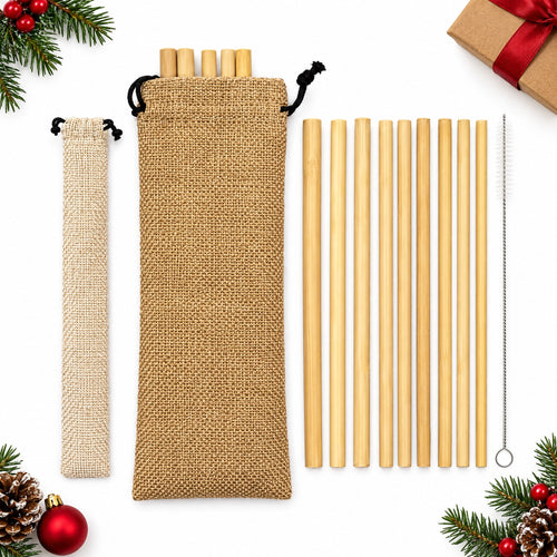 Reusable Bamboo Straws Set of 12 with Cleaning Brush and Pouch
