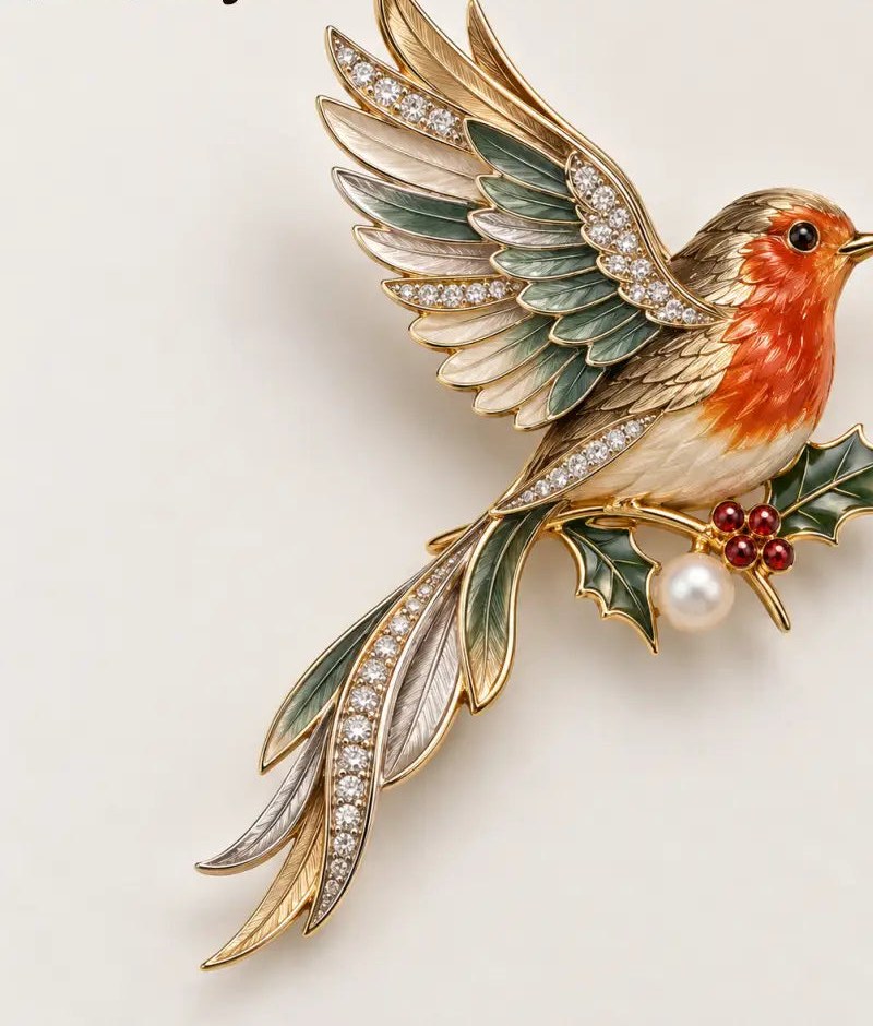 Robin and Holly Crystal Brooch with Pearl – A Festive Gift for Her