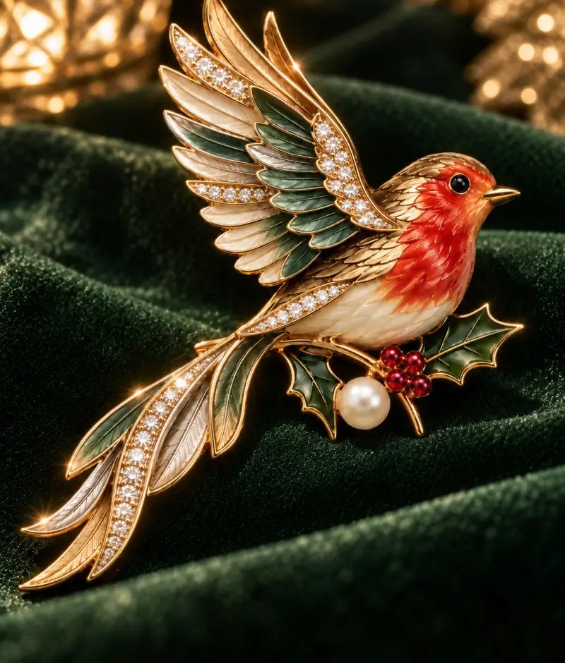 Robin and Holly Crystal Brooch with Pearl – A Festive Gift for Her