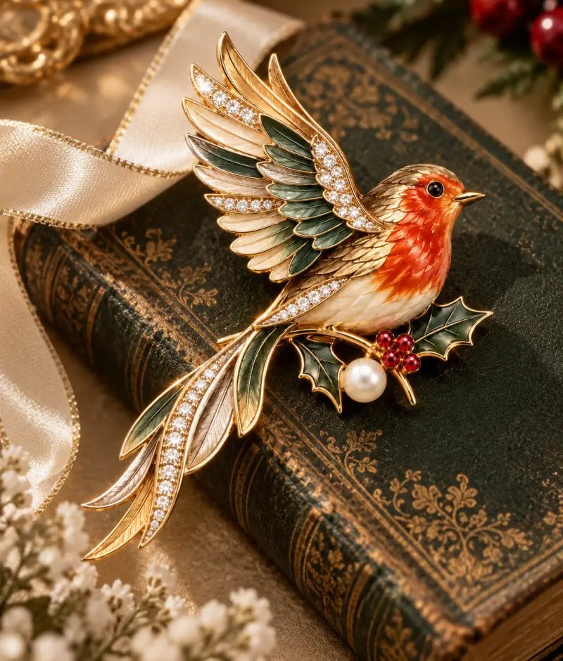 Robin and Holly Crystal Brooch with Pearl – A Festive Gift for Her
