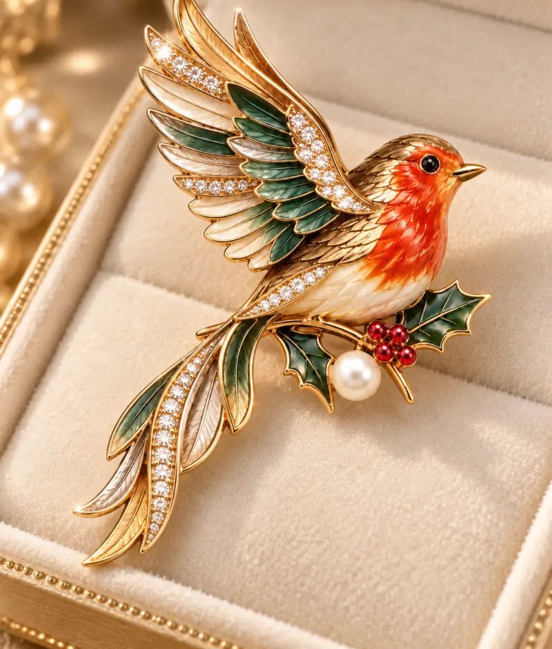 Robin and Holly Crystal Brooch with Pearl – A Festive Gift for Her