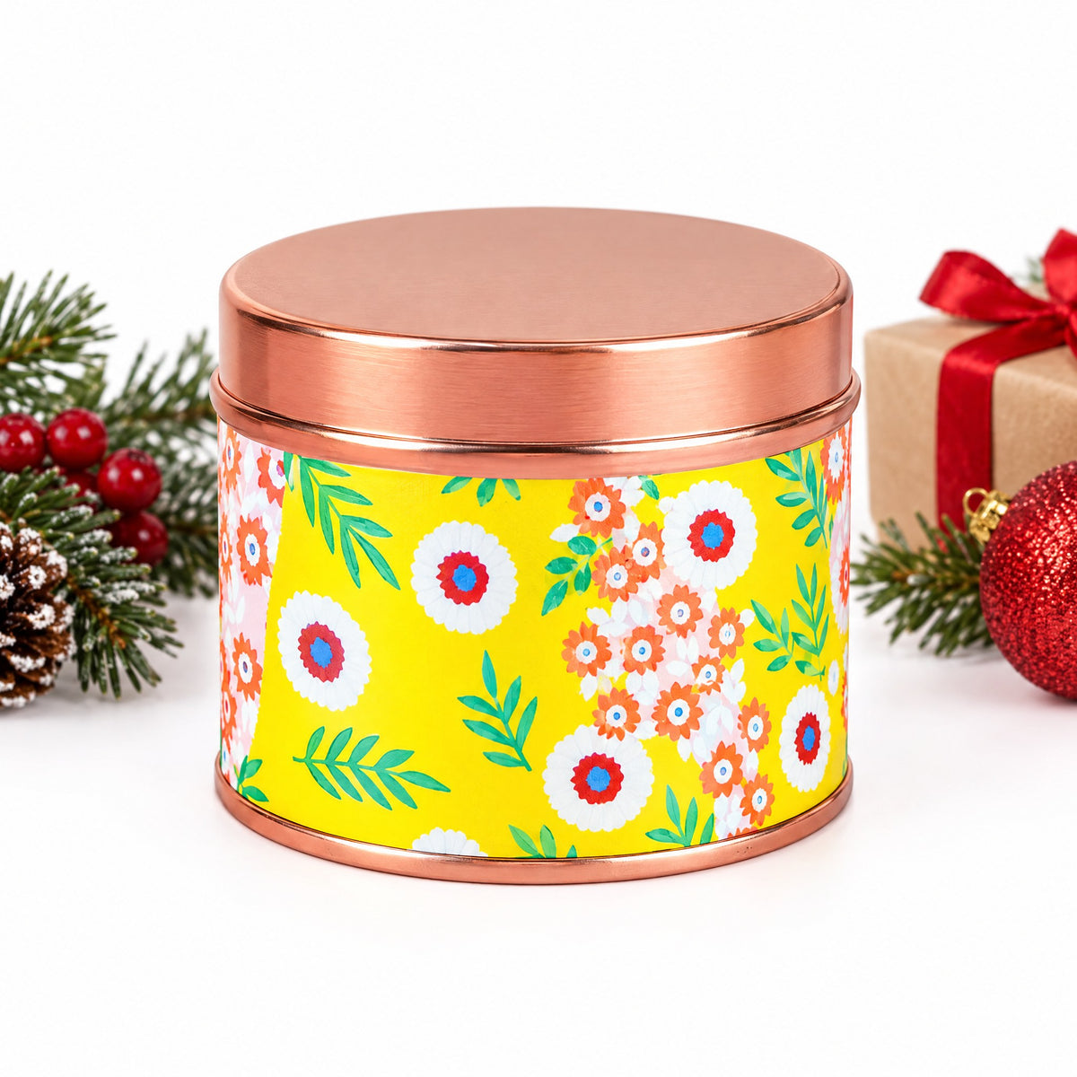 Scented Soy Candle in a Floral Rose Gold Gift Tin
