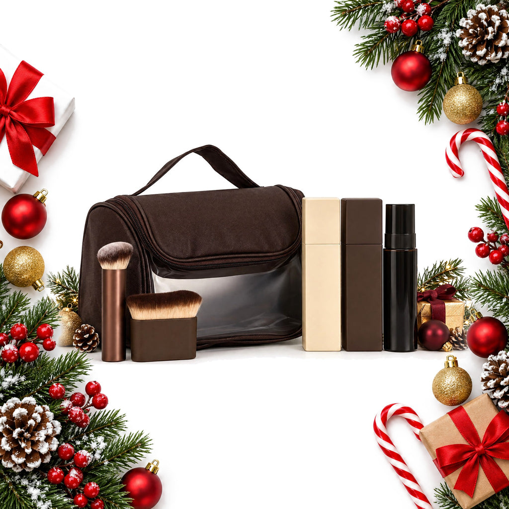 self tan gift set with kabuki brush body buffing brush and make up bag — Christmas stocking filler gift