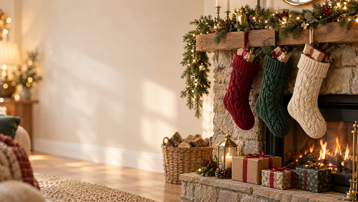 Knitted Christmas stockings filled with kraft-wrapped gifts hanging by a cosy fireplace on Christmas morning