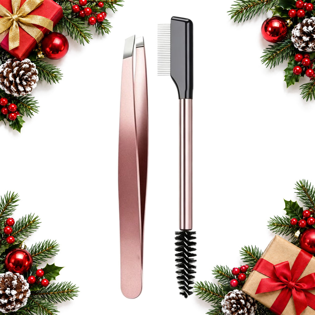 slanted precision eyebrow tweezers with lash and brow comb — Christmas stocking filler gift