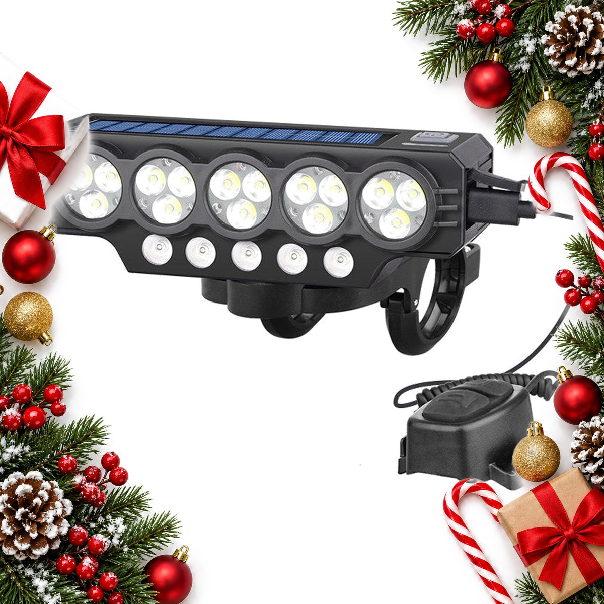 solar usb rechargeable bike light with horn wide beam front light — Christmas stocking filler gift