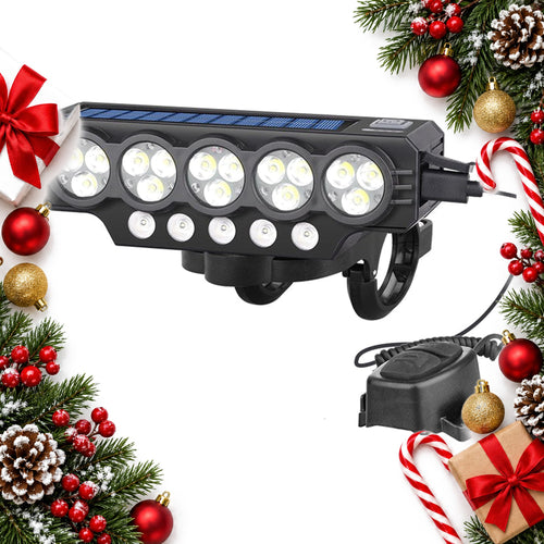solar usb rechargeable bike light with horn wide beam front light — Christmas stocking filler gift