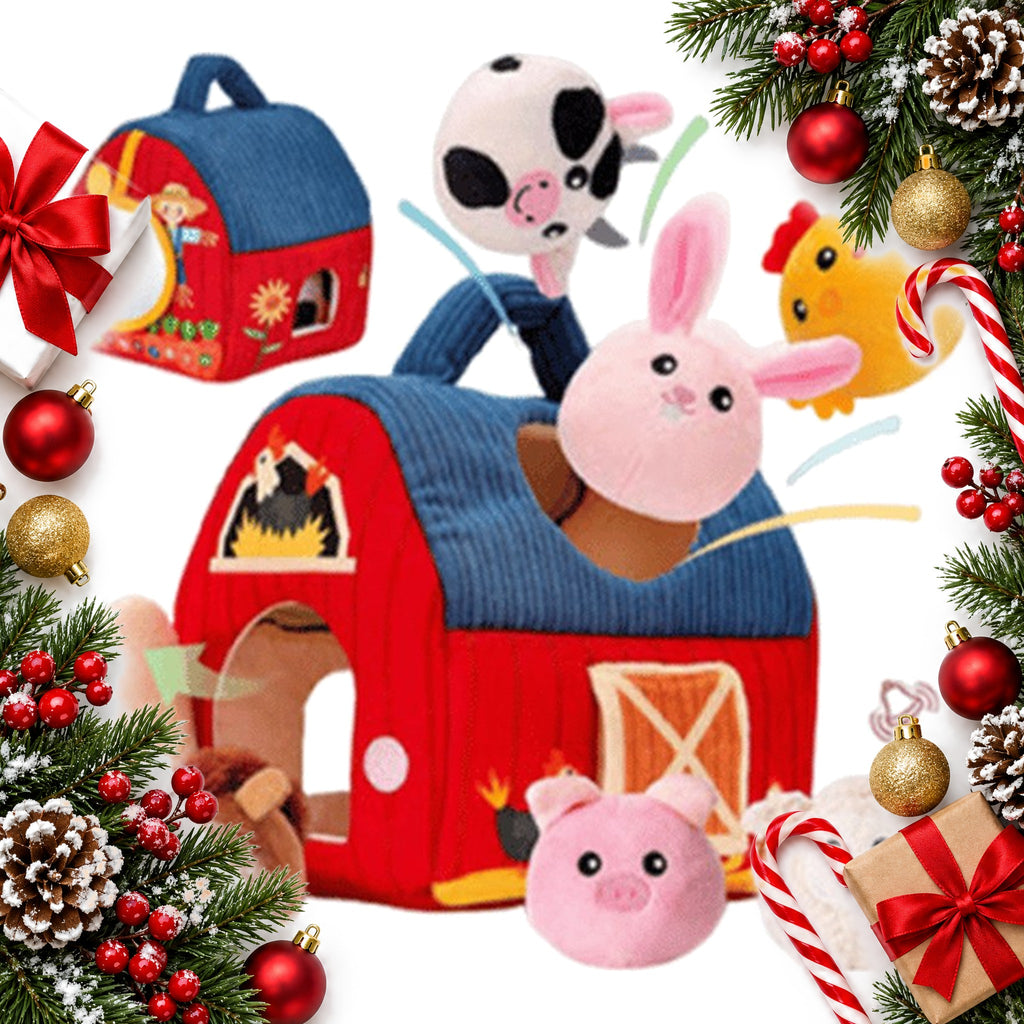 surprise barn plush toy with soft farm animals rattle and mirror — Christmas stocking filler gift