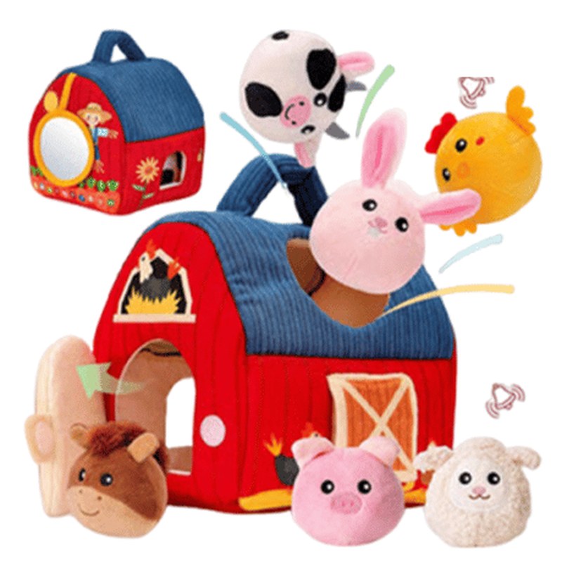 Surprise Barn Plush Toy with Soft Farm Animals, Rattle and Mirror